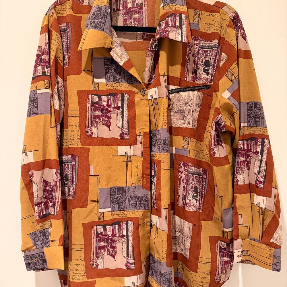 Vintage Etoffer Red Baroque Print Button-Up Blouse – Women’s Medium